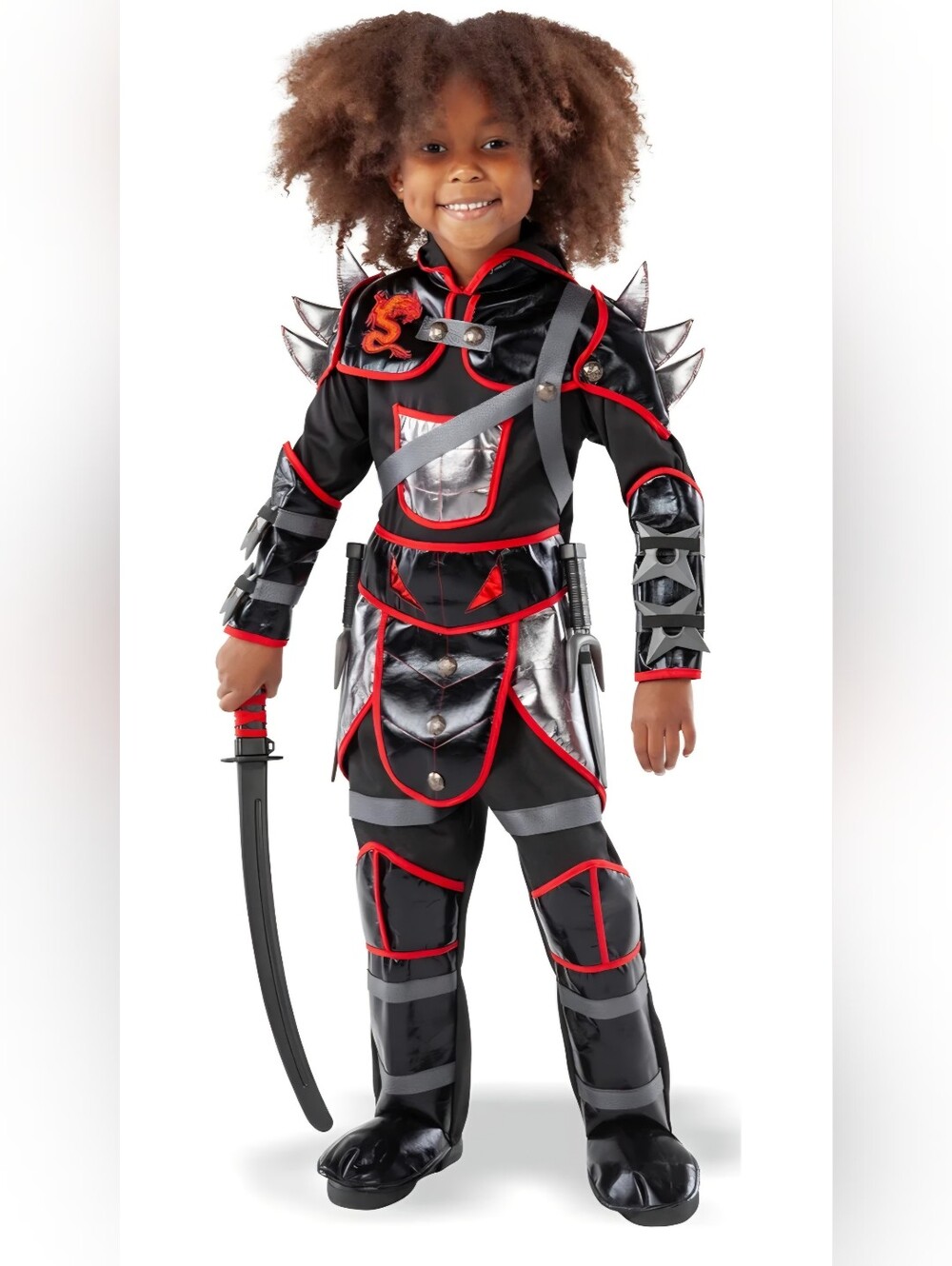 Kids Black & Silver Ninja Dragon Costume with Red Trim - Brand: